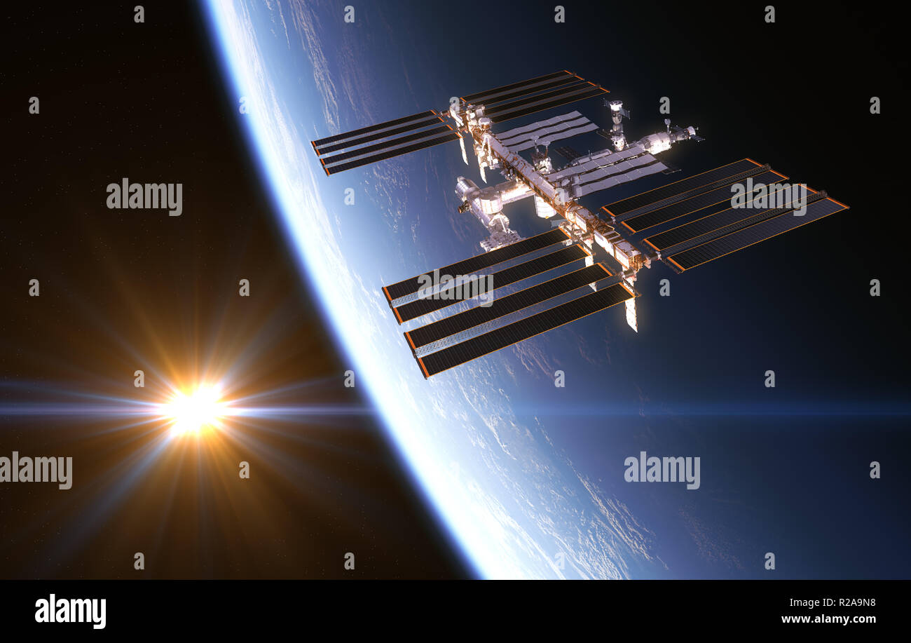 International Space Station On Background Of Rising Sun. 3D Illustration. Stock Photo