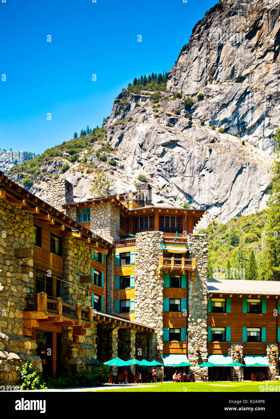formal know as the hotel majestic now renamed Ahwahnee hotel nestling in the Yosemite National park,built from timber and wood.California,USA. Stock Photo