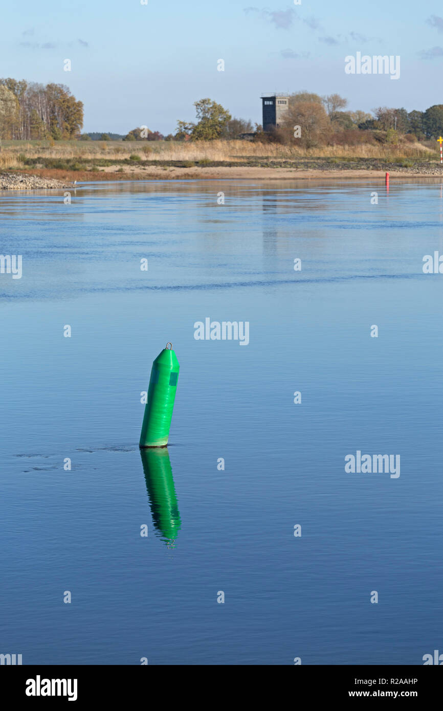 buoy and former GDR watch tower, Neu Darchau, Lower Saxony, Germany Stock Photo