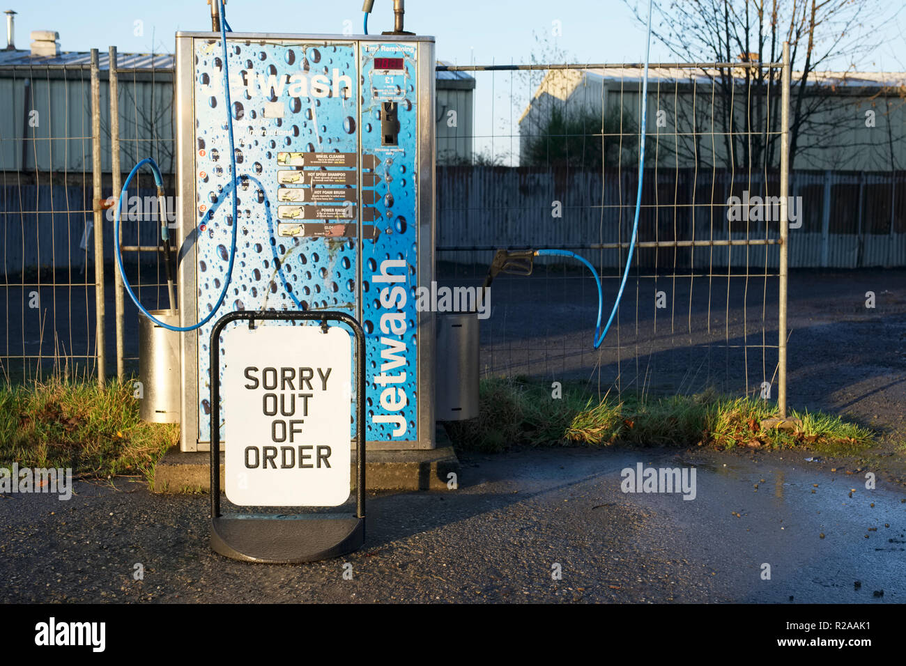 London / England - November 16th 2018: Sorry out of order sign at petrol station jet wash Stock Photo