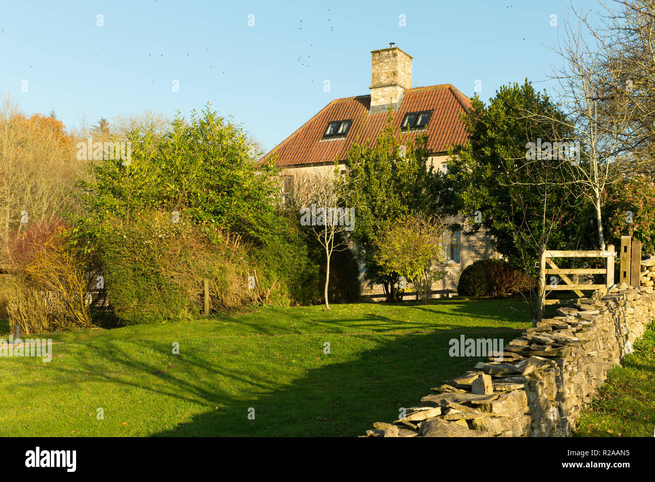 Folly Farm Centre near Bristol, view of the farmhouse through the