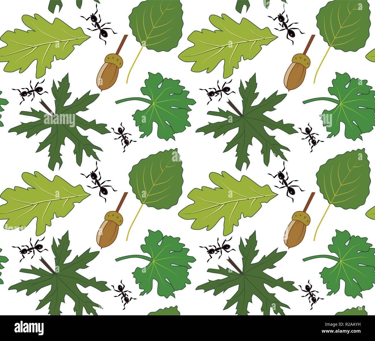 Seamless vector pattern with leaves, ants and acorns, transparent background Stock Vector