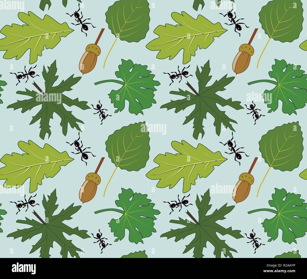 Seamless vector pattern with leaves, ants and acorns, blue background Stock Vector