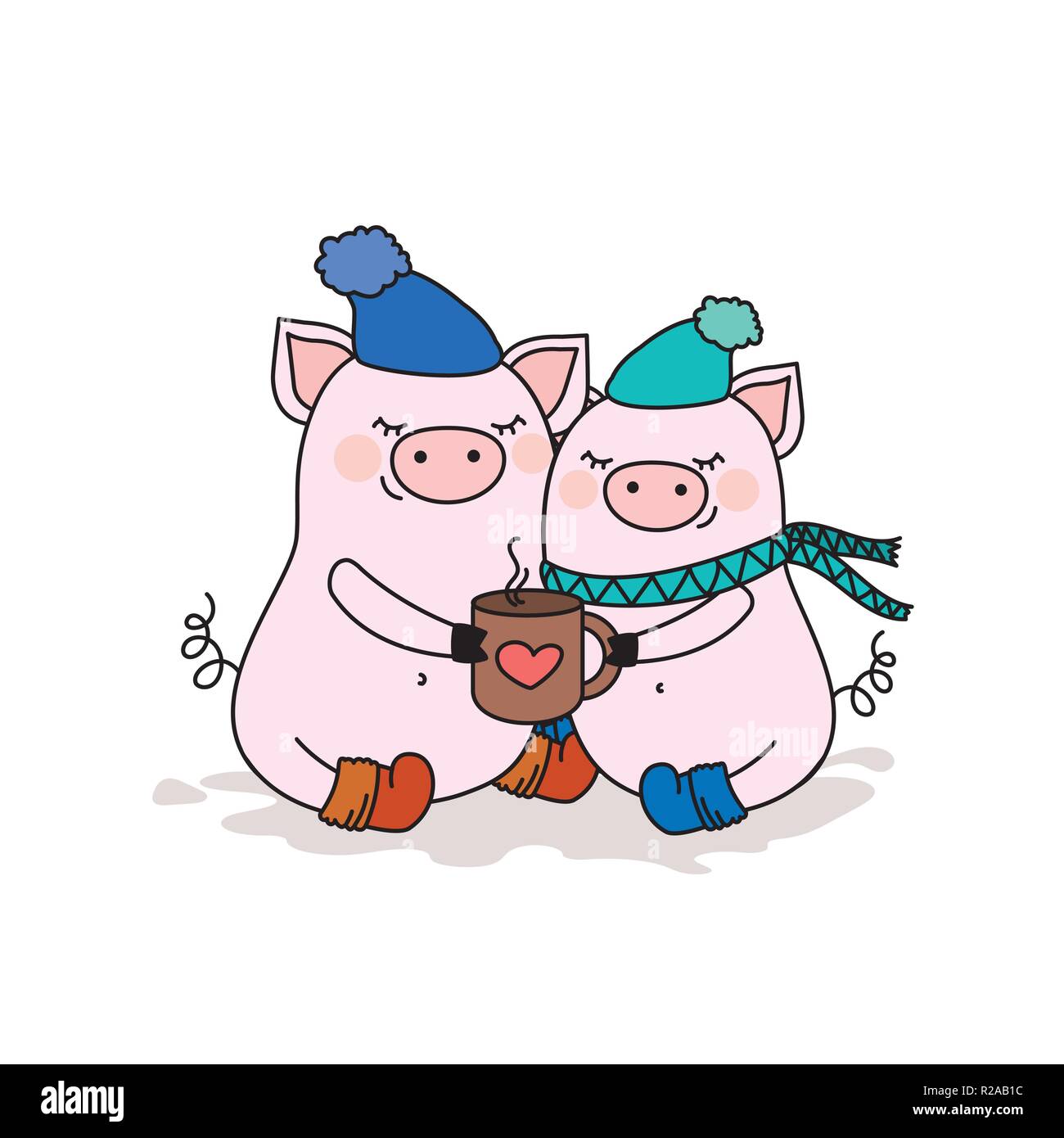 Couple of pigs in love,two cute animals in hats with hot cup,i Stock Vector  Image & Art - Alamy