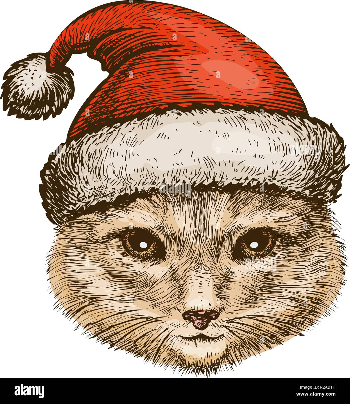 Kitty, cat in santa claus hat. Christmas, celebration concept. Sketch vector illustration Stock Vector