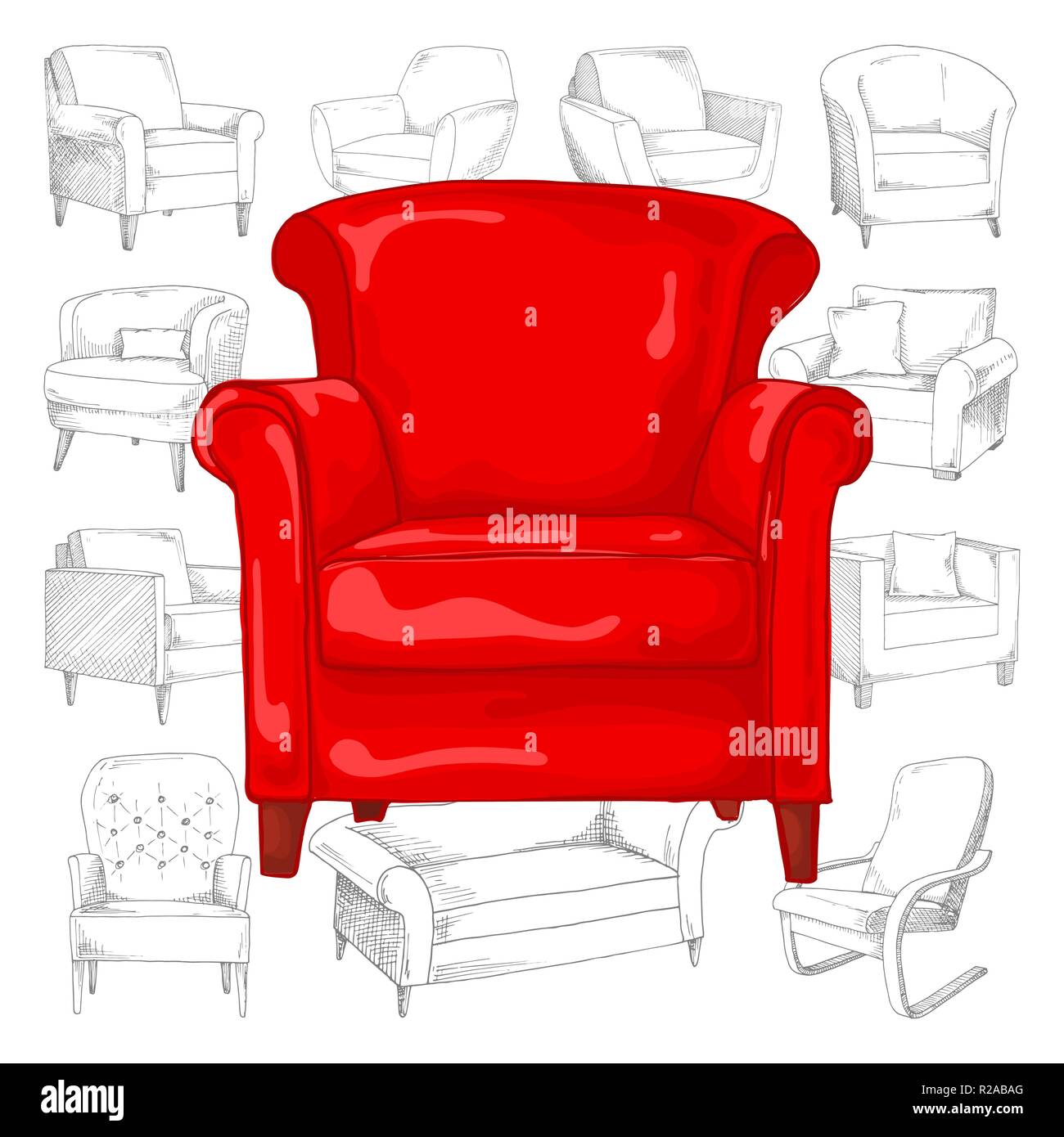 Set of different soft armchairs. Sketch vector illustration. Stock Vector