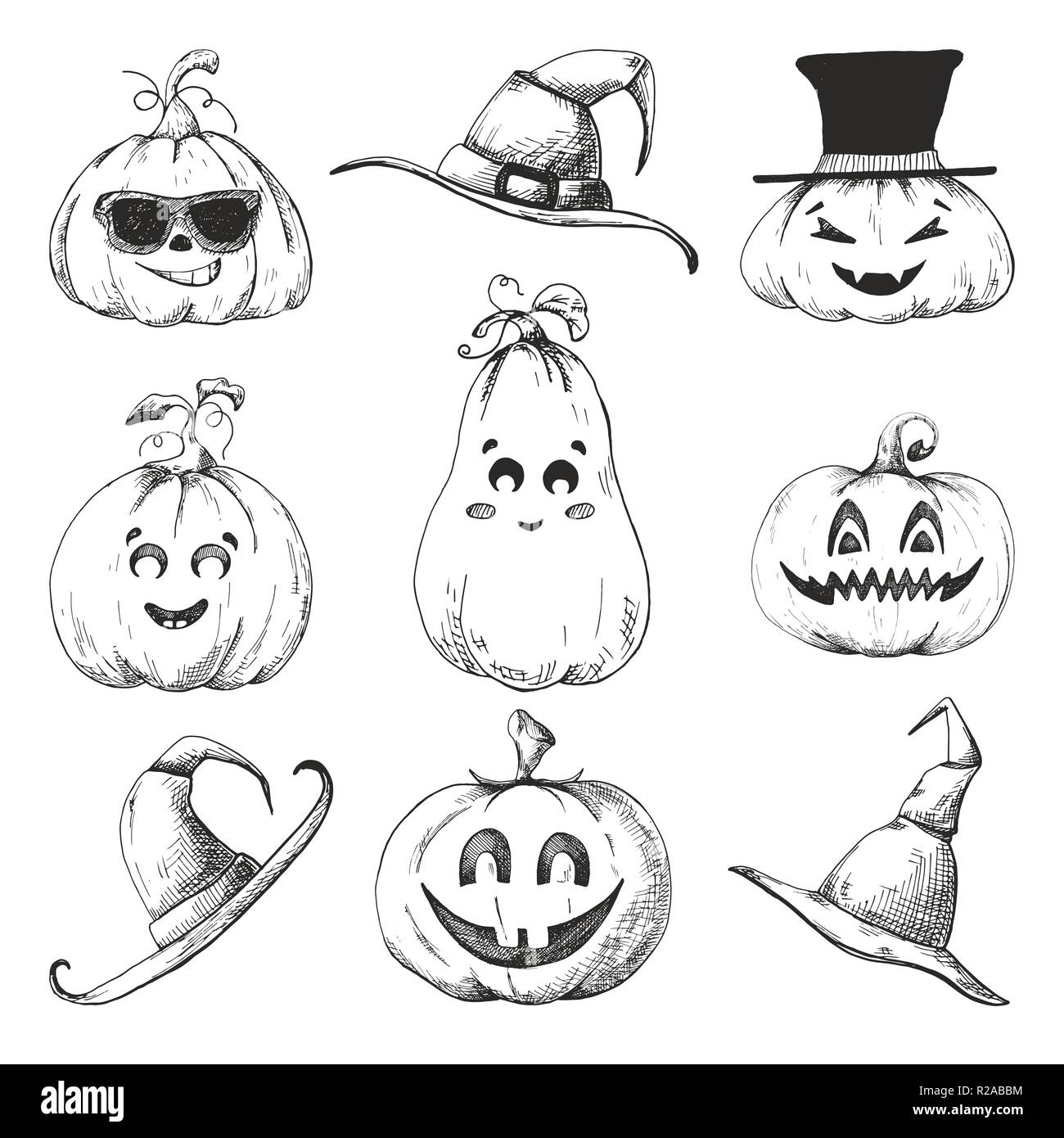 Hand drawn set of pumpkins for Halloween. Vector illustration in sketch ...