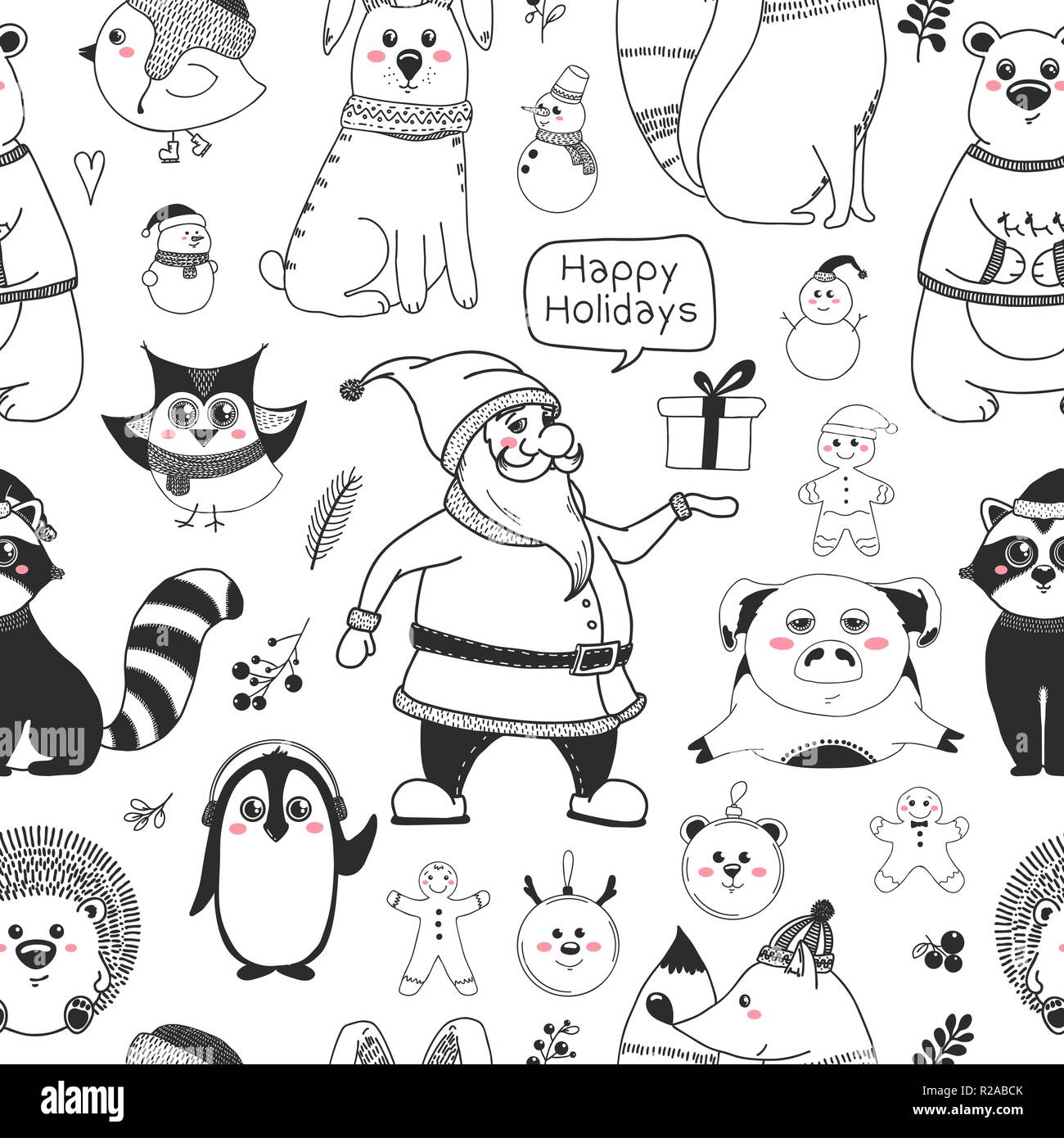 Seamless pattern with animals and different christmas elements. Vector illustration in sketch style. Stock Vector