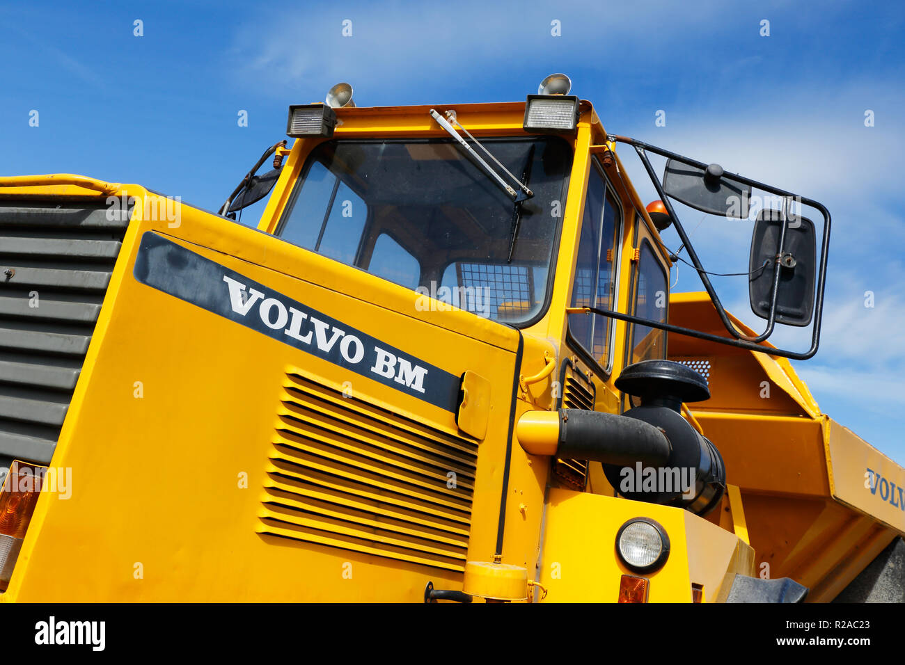 Enhorna, Sweden - June 6, 2018: Close-up of an yellow painted articulated hauler VOLVO BM 5350 6X6 produced 1987.. Stock Photo