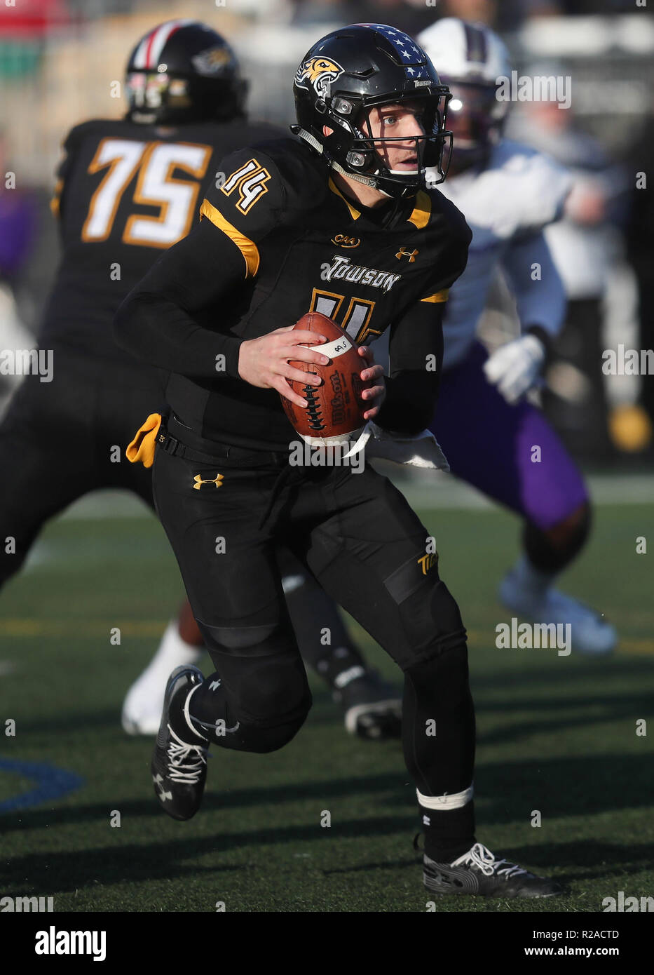 Towson QB Tom Flacco (14) rushes the ball against James Madison in Colonial Athletic Association football action at Unitas Stadium in Towson, MD on November 17, 2018. The James Madison Dukes defeated the Towson Tigers 38-17. Photo/ Mike Buscher/ Cal Sport Media Stock Photo