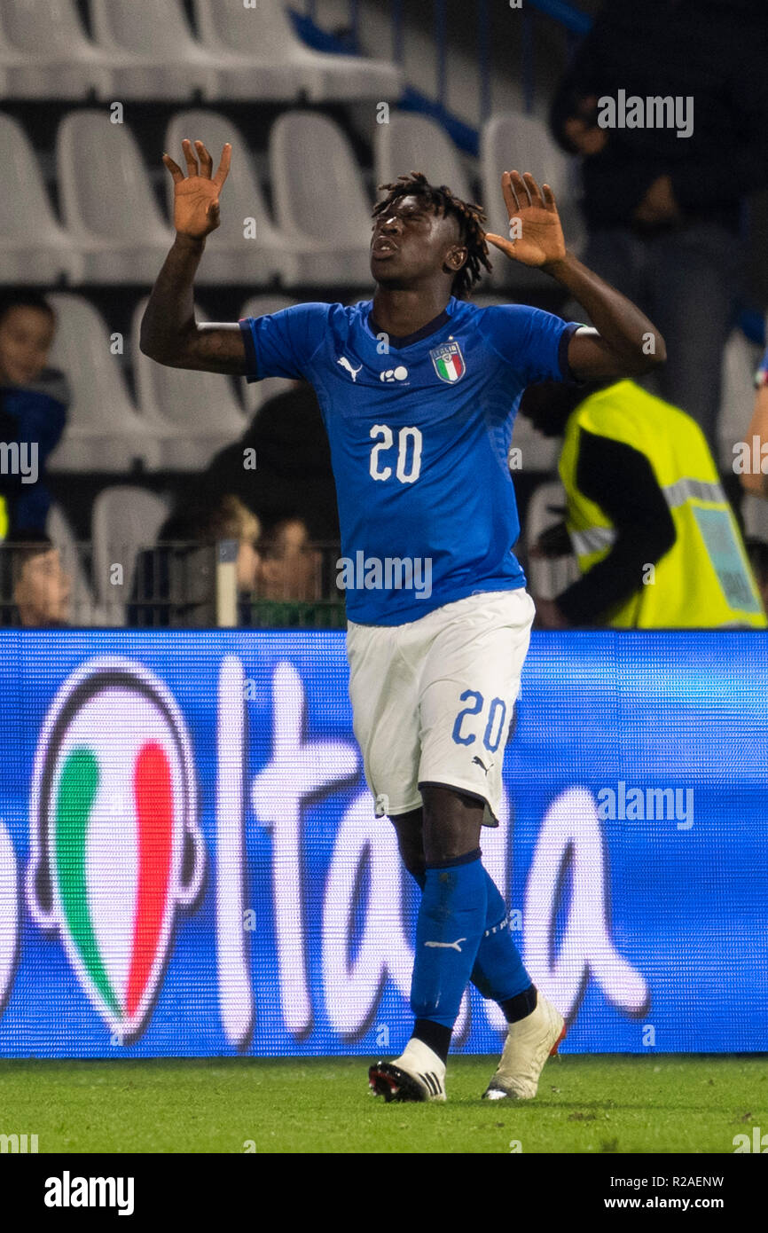 Moise Kean (Italy) celebrates after scoring his team's first goal during  the Uefa "Under 21 Championship" International Friendly match between Italy  1-2 England at Paolo Mazza Stadium on November 15, 2018 in