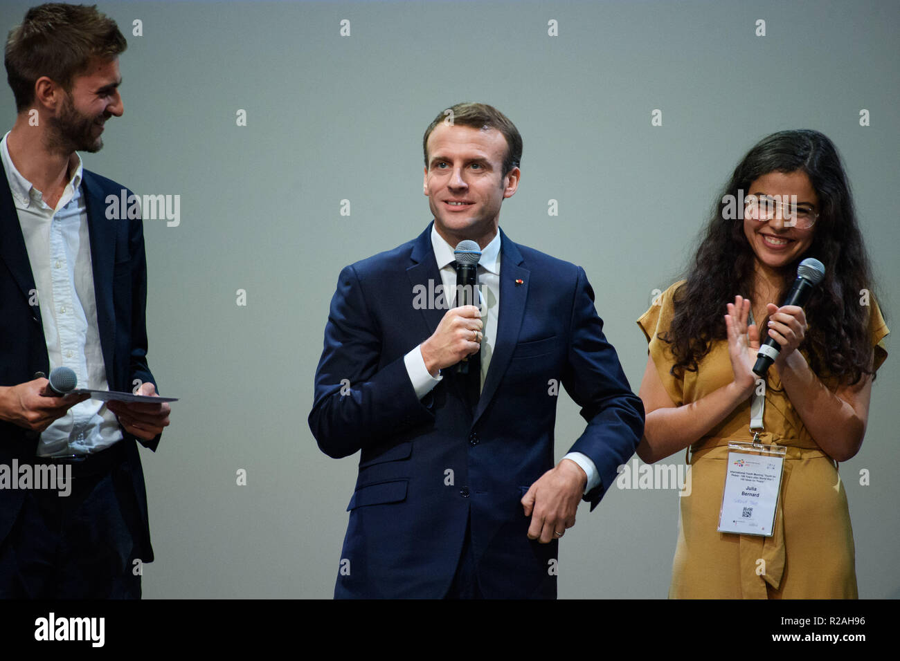 Berlin Germany 18th Nov 2018 Emmanuel Macron 2nd From Left President Of France Talks With Young People On Stage About Concepts And Ideas For Peace At The Event Youth For Peace