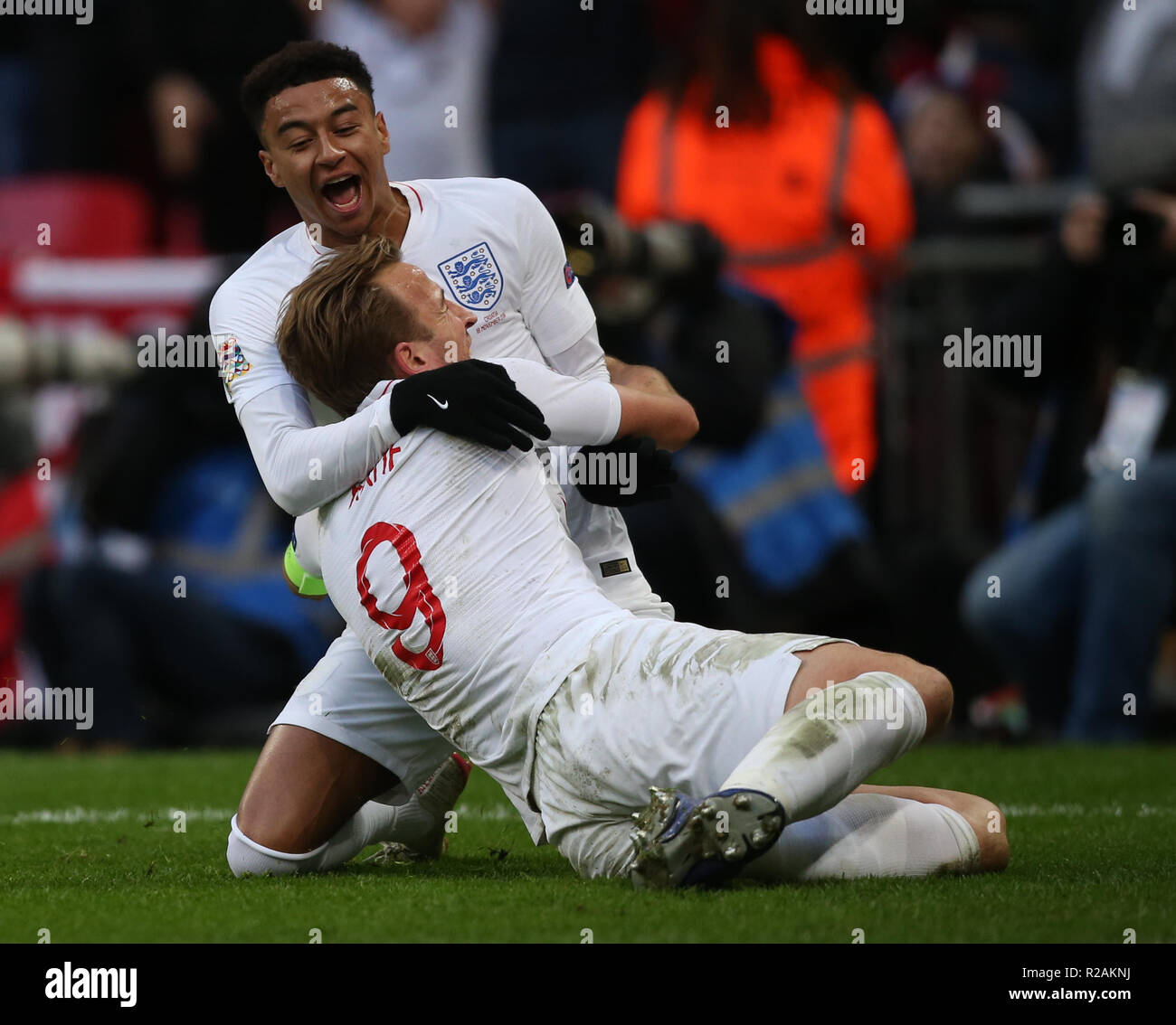 London, UK. 18th Nov 2018.HARRY KANE & JESSE LINGARD CELEBRATES  GBD13026 STRICTLY EDITORIAL USE ONLY. If The Player/Players Depicted In This Image Is/Are Playing For An English Club Or The England National Team. Then This Image May Only Be Used For Editorial Purposes. No Commercial Use. The Following Usages Are Also Restricted EVEN IF IN AN EDITORIAL CONTEXT: Use in conjuction with, or part of, any unauthorized audio, video, data, fixture lists, club/league logos, Betting, Games or any 'live' services. Also Restricted Are Credit: Allstar Picture Library/Alamy Live News Stock Photo
