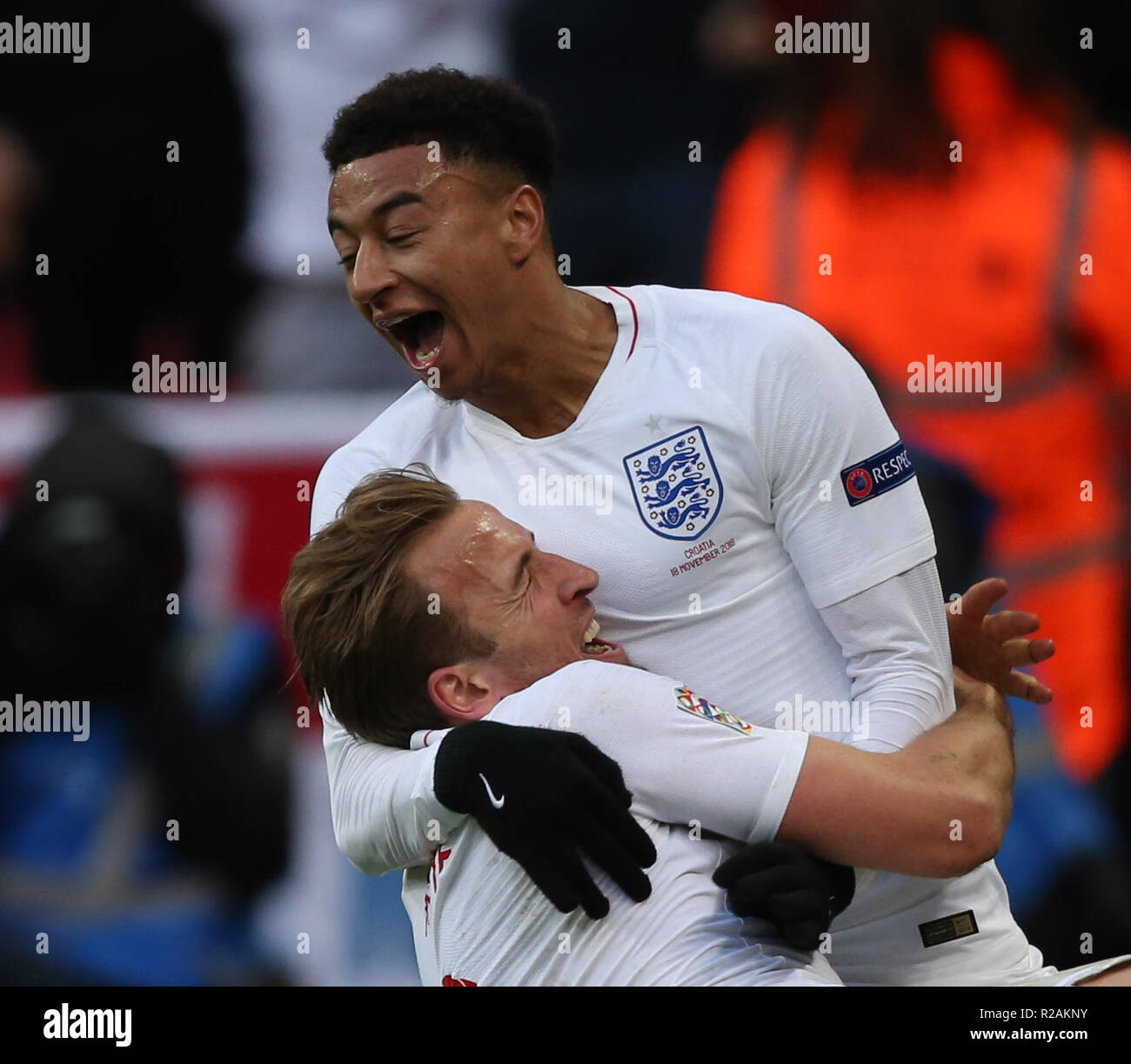 London, UK. 18th Nov 2018.HARRY KANE & JESSE LINGARD CELEBRATES  GBD13028 STRICTLY EDITORIAL USE ONLY. If The Player/Players Depicted In This Image Is/Are Playing For An English Club Or The England National Team. Then This Image May Only Be Used For Editorial Purposes. No Commercial Use. The Following Usages Are Also Restricted EVEN IF IN AN EDITORIAL CONTEXT: Use in conjuction with, or part of, any unauthorized audio, video, data, fixture lists, club/league logos, Betting, Games or any 'live' services. Also Restricted Are Credit: Allstar Picture Library/Alamy Live News Stock Photo