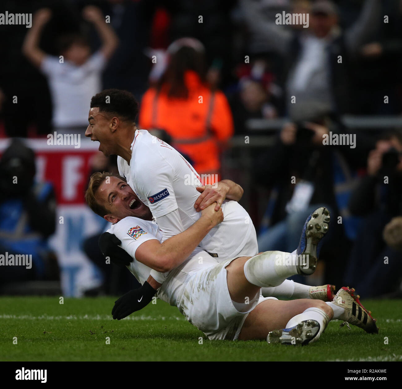 London, UK. 18th Nov 2018.HARRY KANE & JESSE LINGARD CELEBRATES  GBD13029 STRICTLY EDITORIAL USE ONLY. If The Player/Players Depicted In This Image Is/Are Playing For An English Club Or The England National Team. Then This Image May Only Be Used For Editorial Purposes. No Commercial Use. The Following Usages Are Also Restricted EVEN IF IN AN EDITORIAL CONTEXT: Use in conjuction with, or part of, any unauthorized audio, video, data, fixture lists, club/league logos, Betting, Games or any 'live' services. Also Restricted Are Credit: Allstar Picture Library/Alamy Live News Stock Photo
