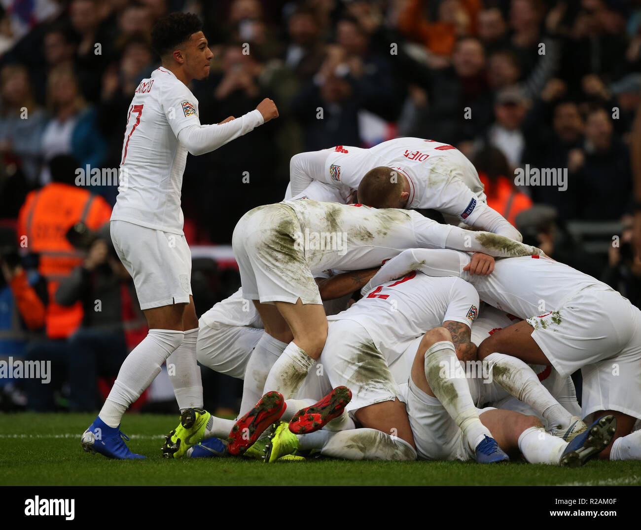 London, UK. 18th Nov 2018.JADON SANCHO & TEAMMATES CELEBRATE  GBD13032 STRICTLY EDITORIAL USE ONLY. If The Player/Players Depicted In This Image Is/Are Playing For An English Club Or The England National Team. Then This Image May Only Be Used For Editorial Purposes. No Commercial Use. The Following Usages Are Also Restricted EVEN IF IN AN EDITORIAL CONTEXT: Use in conjuction with, or part of, any unauthorized audio, video, data, fixture lists, club/league logos, Betting, Games or any 'live' services. Also Restricted Are Us Credit: Allstar Picture Library/Alamy Live News Stock Photo