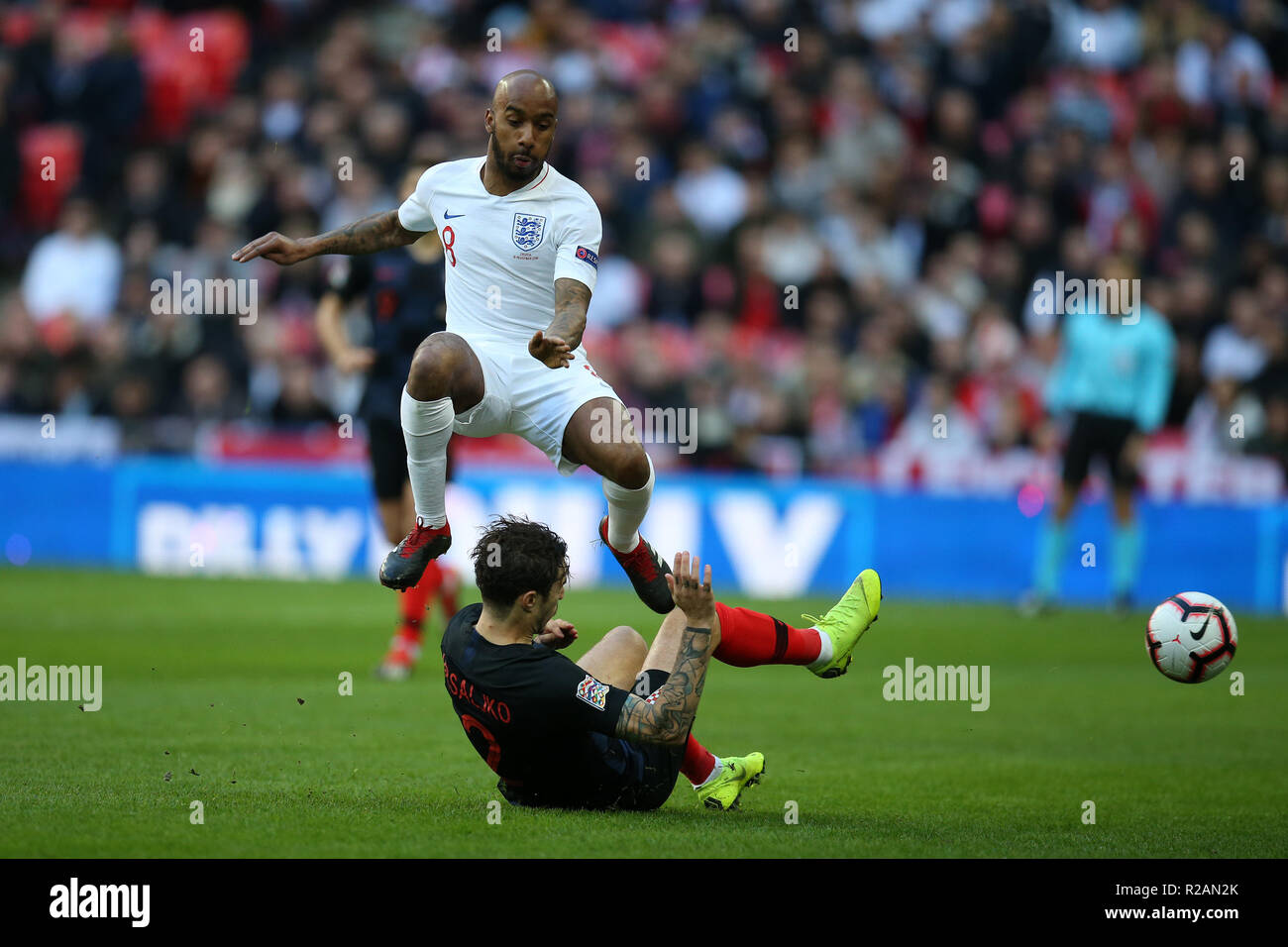 London, UK. 18th November 2018. London, UK. 18th November 2018. Fabian Delph of England is tackled by Sime Vrsaljko of Croatia.UEFA Nations league A, group 4 match, England v Croatia at Wembley Stadium in London on Sunday 18th November 2018.  Please note images are for Editorial Use Only. pic by Andrew Orchard/Alamy Live news Credit: Andrew Orchard sports photography/Alamy Live News Stock Photo