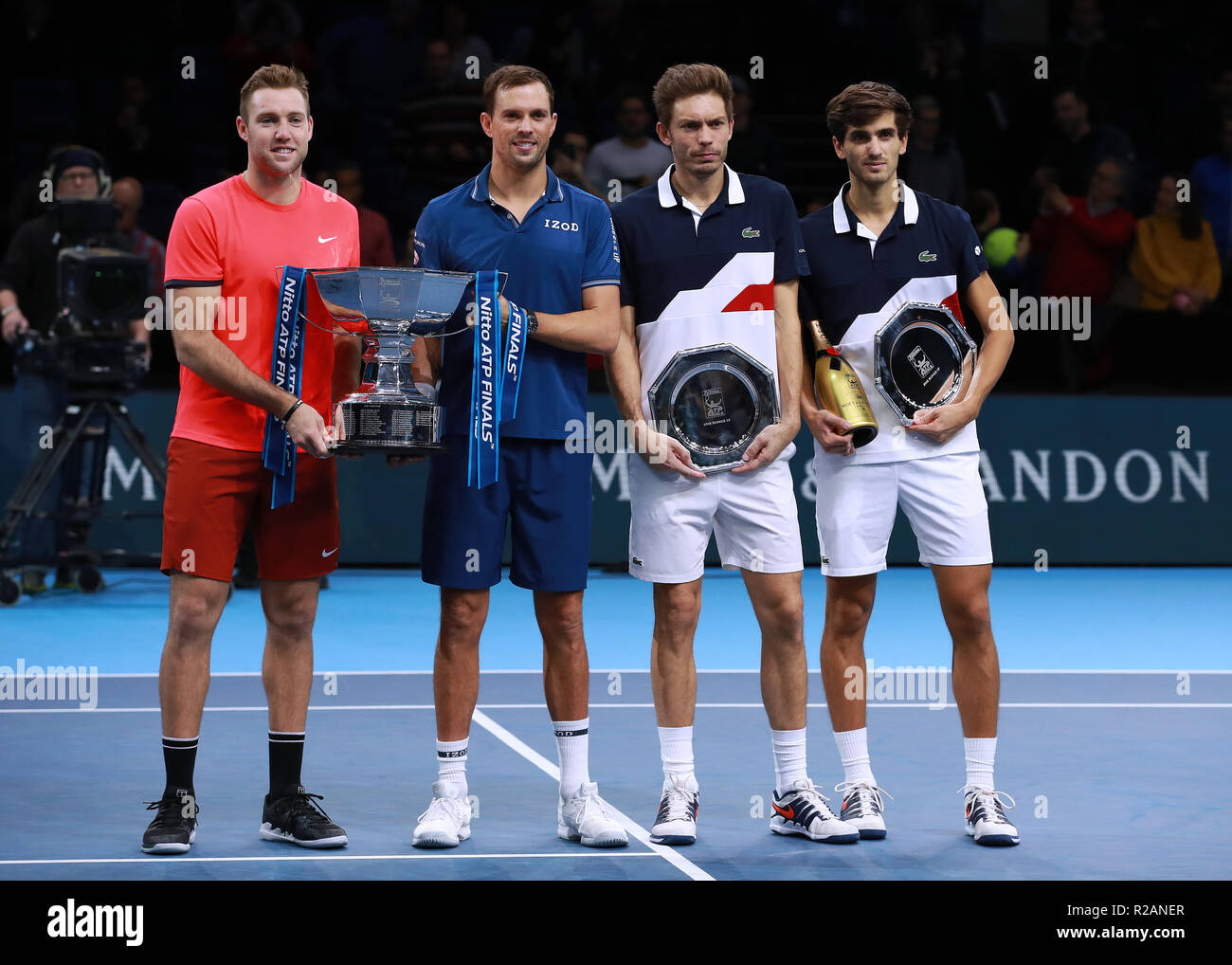 London, UK. 18th November 2018. London, UK. 18th November 2018. London UK.  18th November 2018. Nitto ATP Tennis Finals; Mike Bryan (USA) and doubles  partner Jack Sock (USA) pose with the the