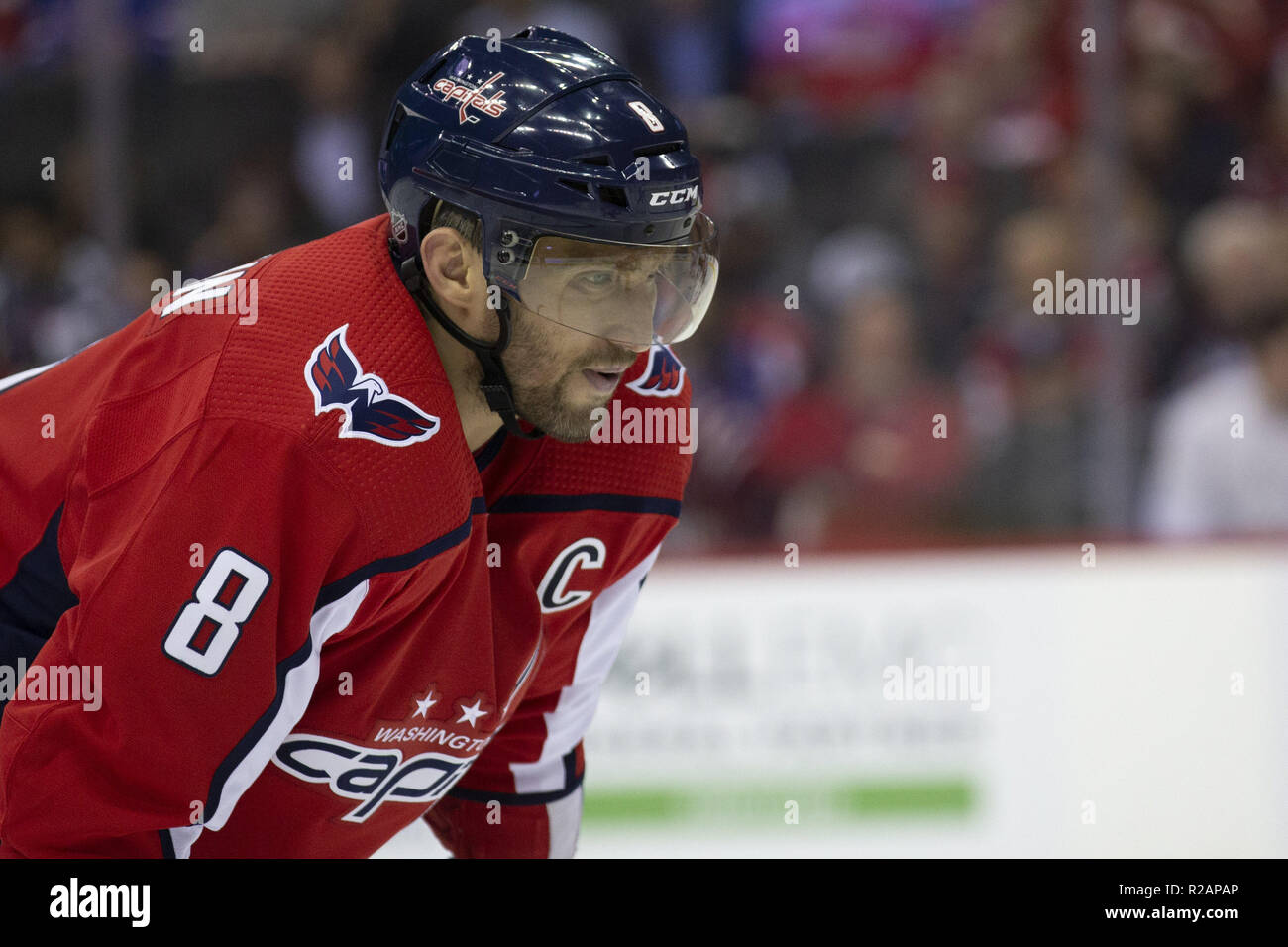 Washington, DC, USA. 17th Oct, 2018. Washington Capitals left wing Alex Ovechkin (8) looks on as he waits for a face off during the game between the New York Rangers and Washington Capitals at Capitol One Arena in Washington, DC on October 17, 2018. Credit: Alex Edelman/ZUMA Wire/Alamy Live News Stock Photo