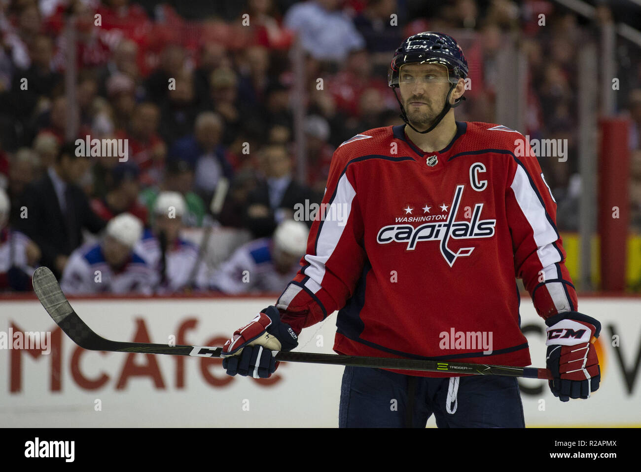 Washington, DC, USA. 17th Oct, 2018. Washington Capitals left wing Alex Ovechkin (8) looks on as he waits for a face off during the game between the New York Rangers and Washington Capitals at Capitol One Arena in Washington, DC on October 17, 2018. Credit: Alex Edelman/ZUMA Wire/Alamy Live News Stock Photo