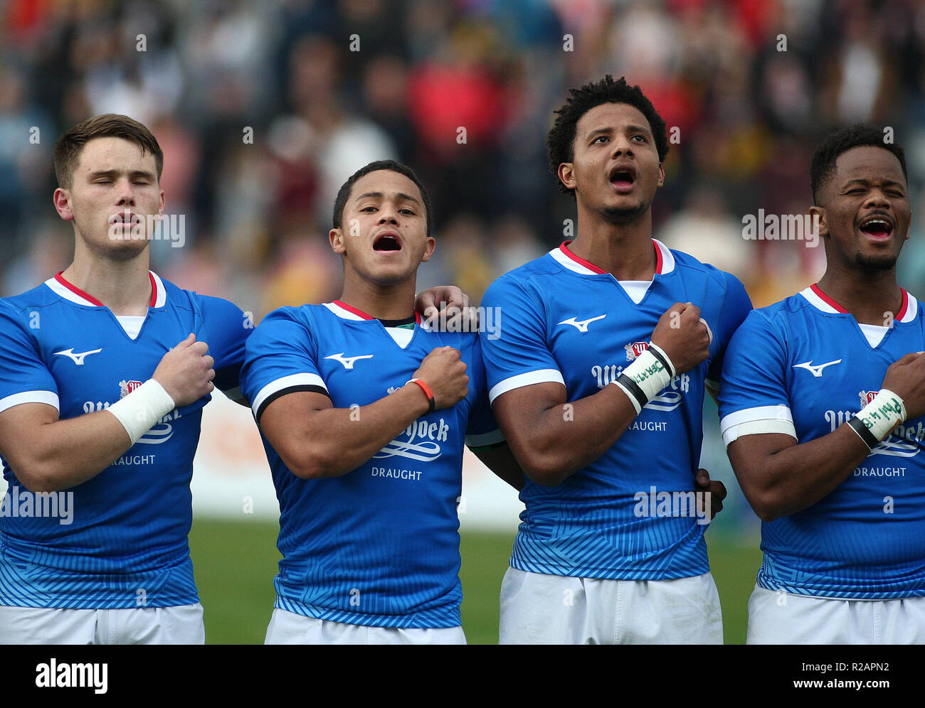 Madrid, Spain. 18/11/2018, Rugby Test Match  Namibian players listen to the anthem during  the match between Spain-Namibia to Universidad Complutence Stadium,to Madrid Spain. Credit: Leo Cavallo/Alamy Live News Stock Photo