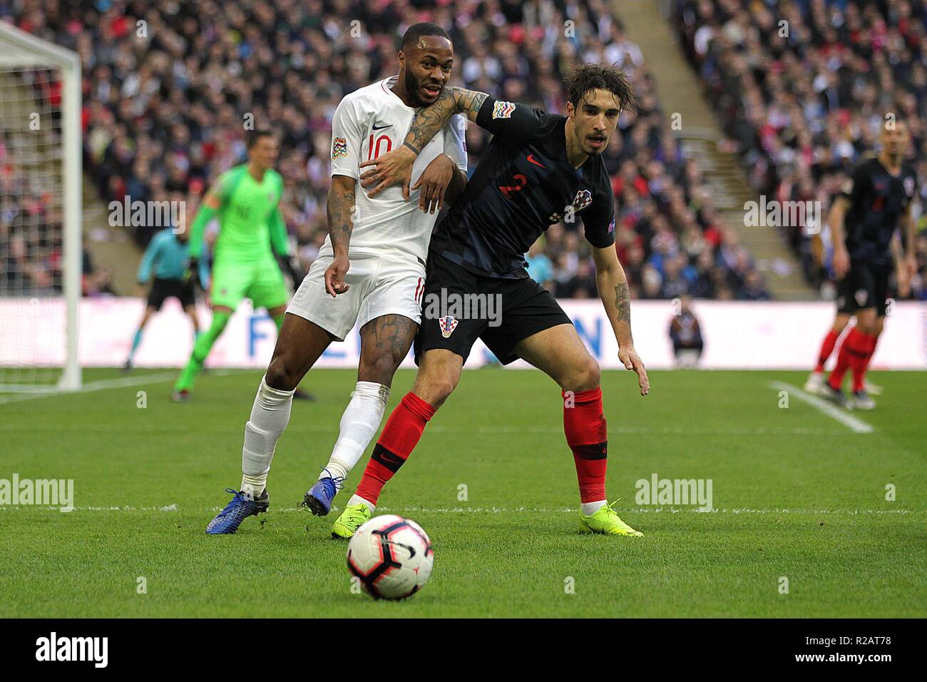 London, UK. 18th November 2018. Raheem Sterling of England and Sime Vrsaljko of Croatia during the UEFA Nations League League A Group 4 match between England and Croatia at Wembley Stadium on November 18th 2018 in London, England. (Photo by Matt Bradshaw/phcimages.com) Credit: PHC Images/Alamy Live News Stock Photo