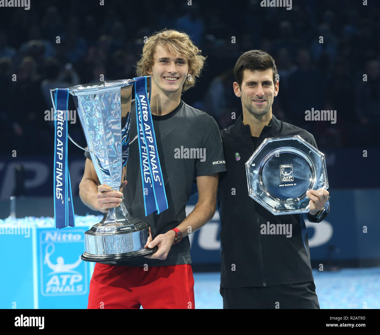 London, UK. November 18, 2018. Alexander Zverev (GER) winning Nitto ATP  Final against Novak Djokovic (SRB) during Day Eight Men's Singles - Final  of the Nitto ATP World Tour Finals played at