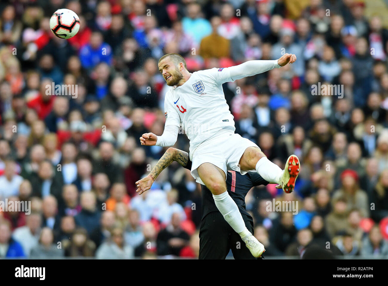 London, UK. 18th November 2018. England midfielder Eric Dier (4) gets up for the header during the UEFA Nations League match between England and Croatia at Wembley Stadium, London on Sunday 18th November 2018. (©MI News & Sport Ltd | Alamy Live News) Stock Photo