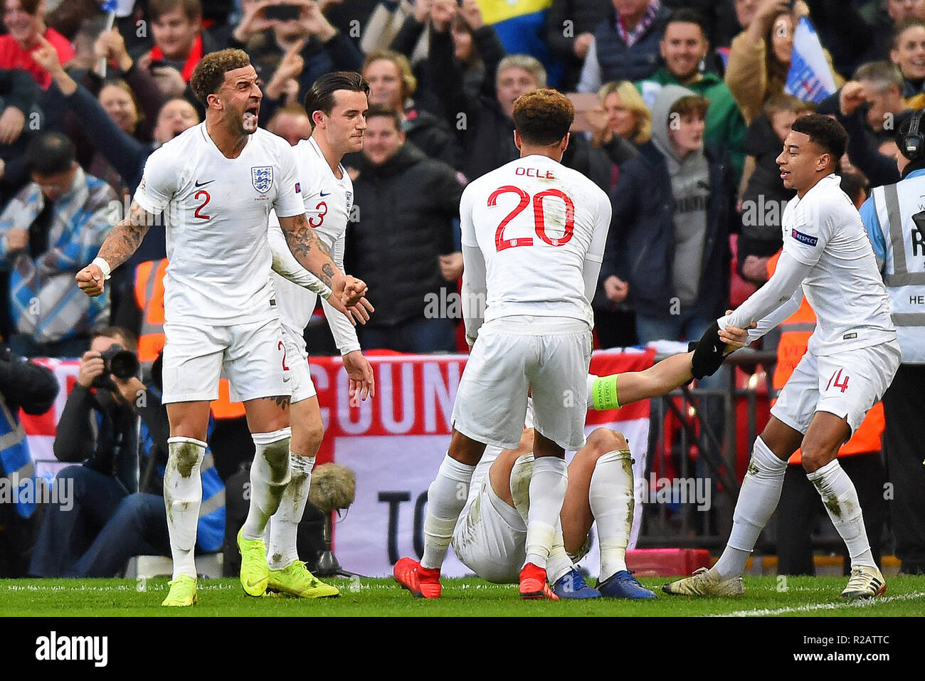 London, UK. 18th November 2018. England defender Kyle Walker (2) (left) shows his emotion after Harry Kane scores a late winner during the UEFA Nations League match between England and Croatia at Wembley Stadium, London on Sunday 18th November 2018. (©MI News & Sport Ltd | Alamy Live News) Stock Photo