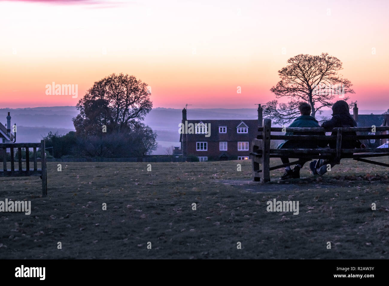 Frant, East Sussex, South East England. Sunset with views to the horizon across the valley over the Bridge Estate, clear sky cold November day Stock Photo