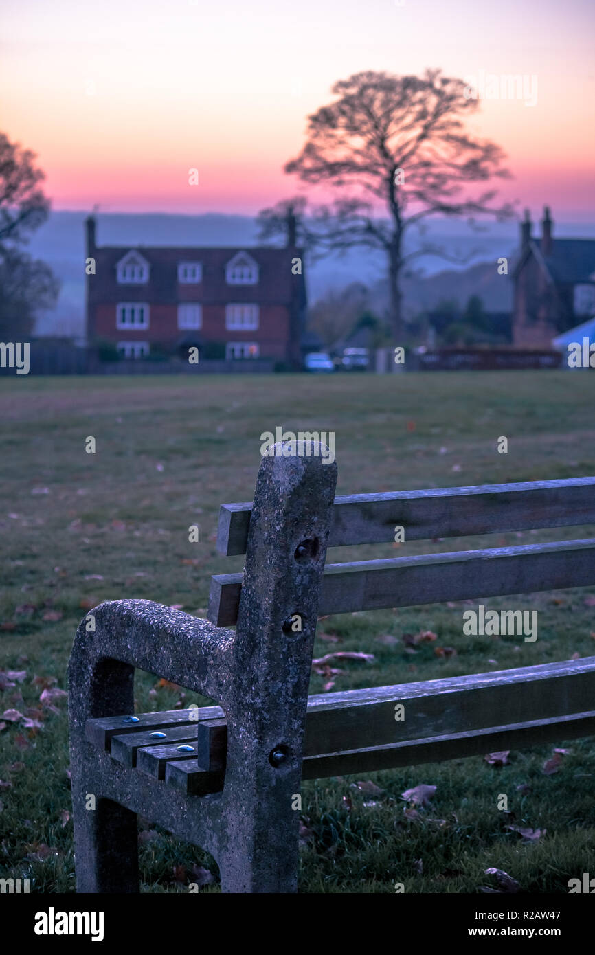 Frant, East Sussex, South East England. Sunset with views to the horizon across the valley over the Bridge Estate, clear sky cold November day Stock Photo