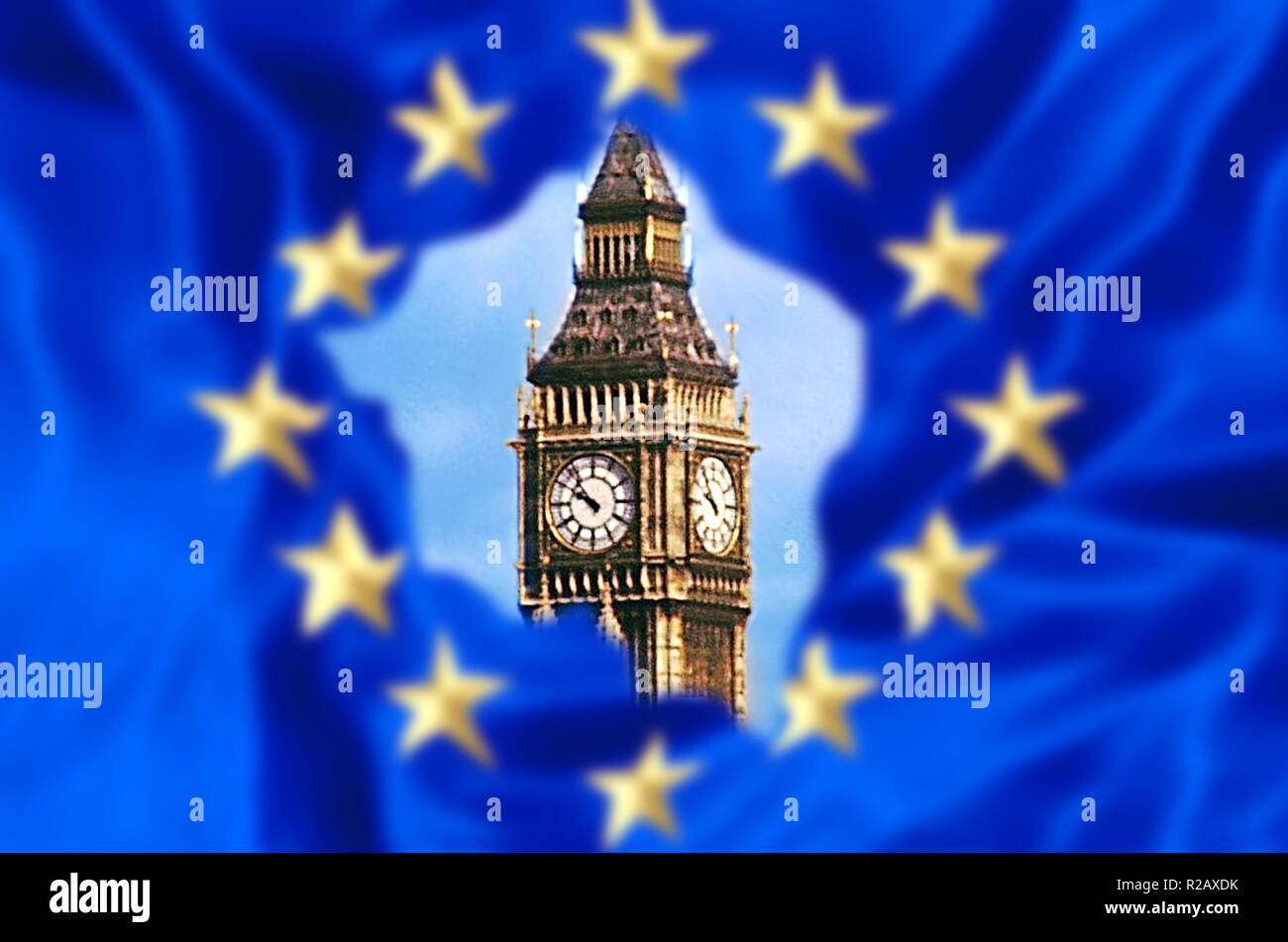 European flag broken by United Kingdom exit with Big Ben tower of London, the house of a British parliament. The financial concept for Brexit and EU division. Stock Photo