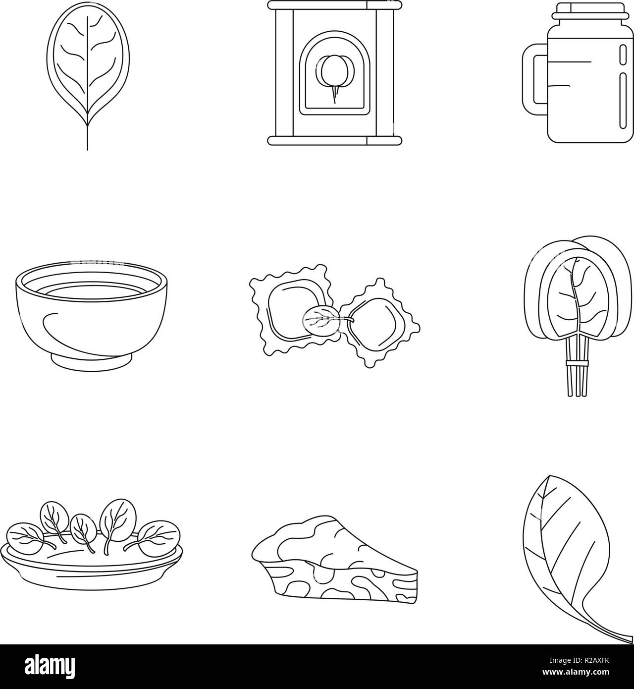 Spinach salad leaves vegetables icons set. Outline illustration of 9 spinach salad leaves vegetables vector icons for web Stock Vector