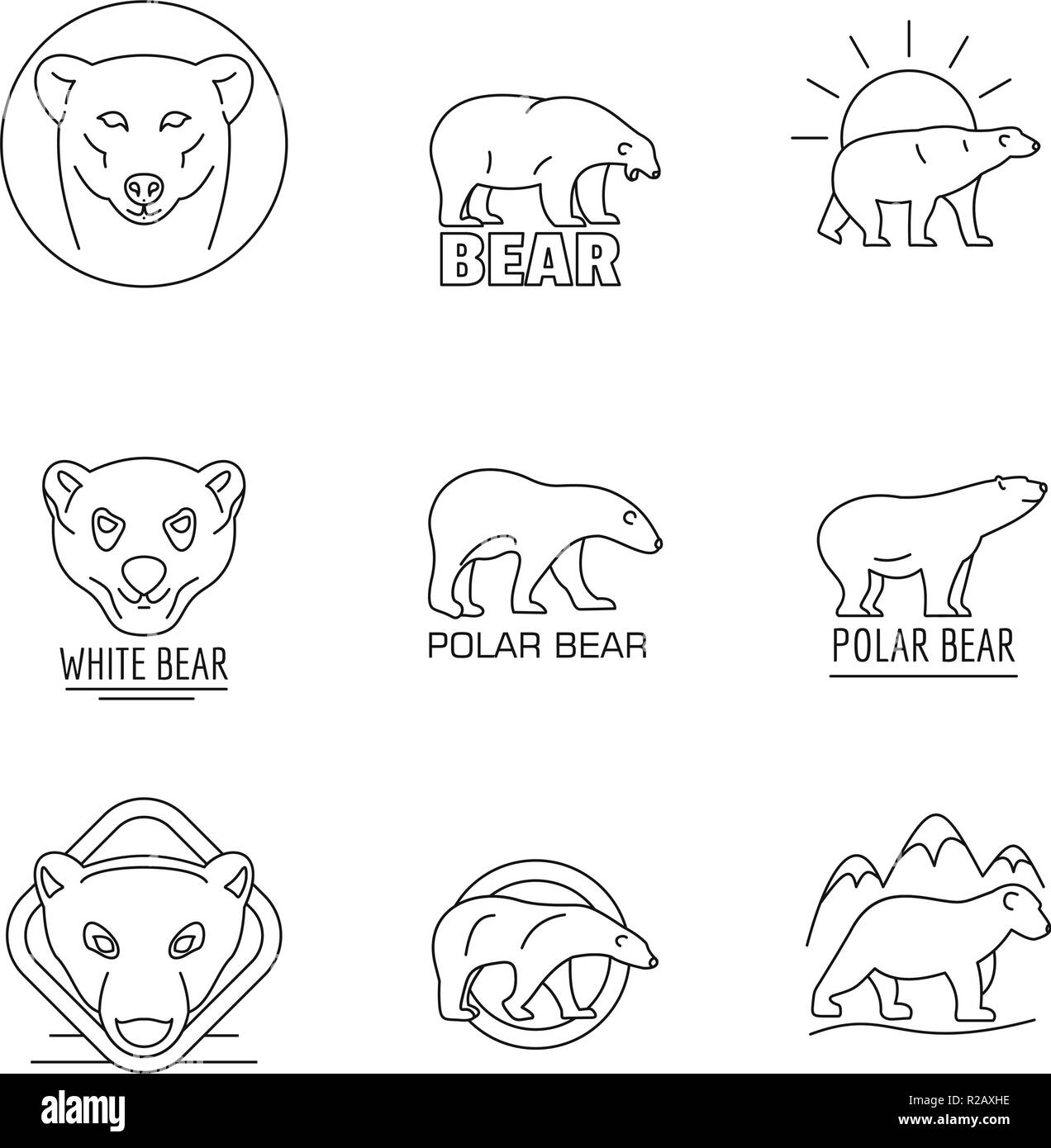 Polar bear baby white icons set. Outline illustration of 9 polar bear baby white vector icons for web Stock Vector
