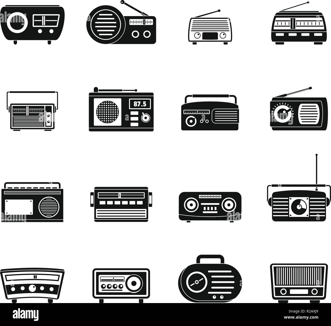 Radio music old device icons set. Simple illustration of 16 radio music old device vector icons for web Stock Vector