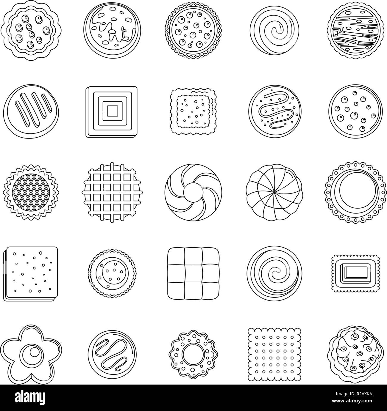 Cookies biscuit icons set. Outline illustration of 25 cookies biscuit vector icons for web Stock Vector