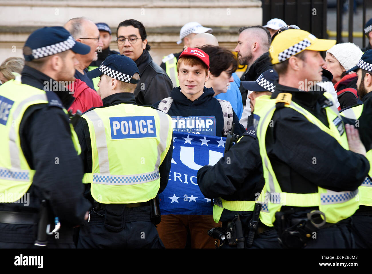 Max Hammet Millay, Trump supporter behind police cordon during an anti-racism march in Whitehall London. Also to be seen at pro Brexit demonstrations Stock Photo