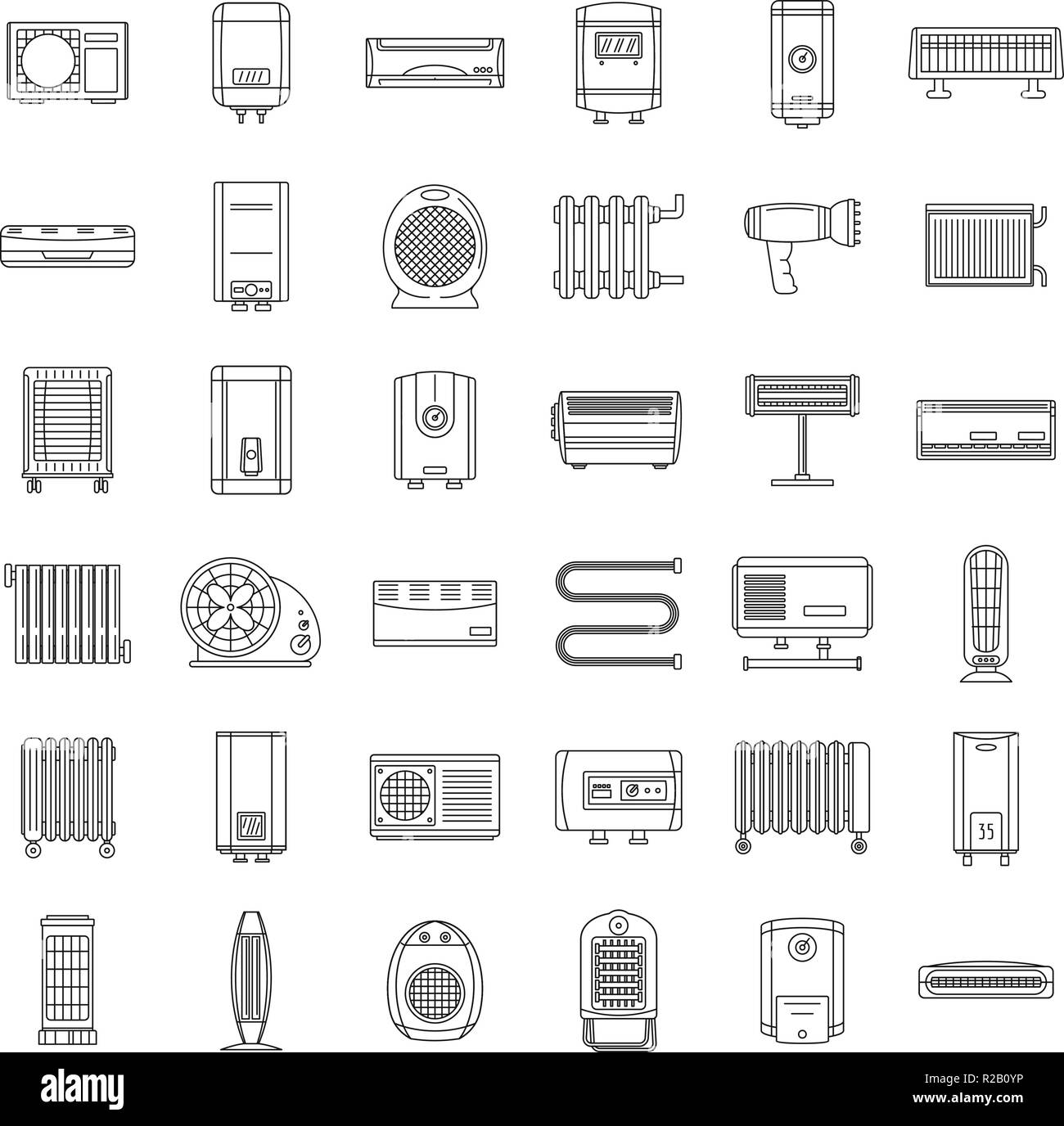Electric heater device icons set. Outline illustration of 36 electric