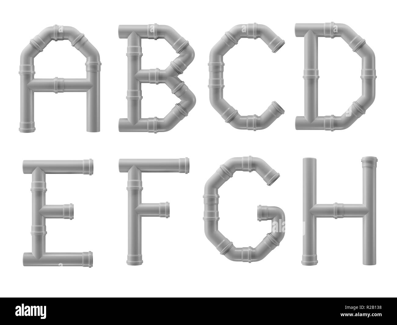 PVC alphabet made of PVC piping elements - letters A to H Stock Photo