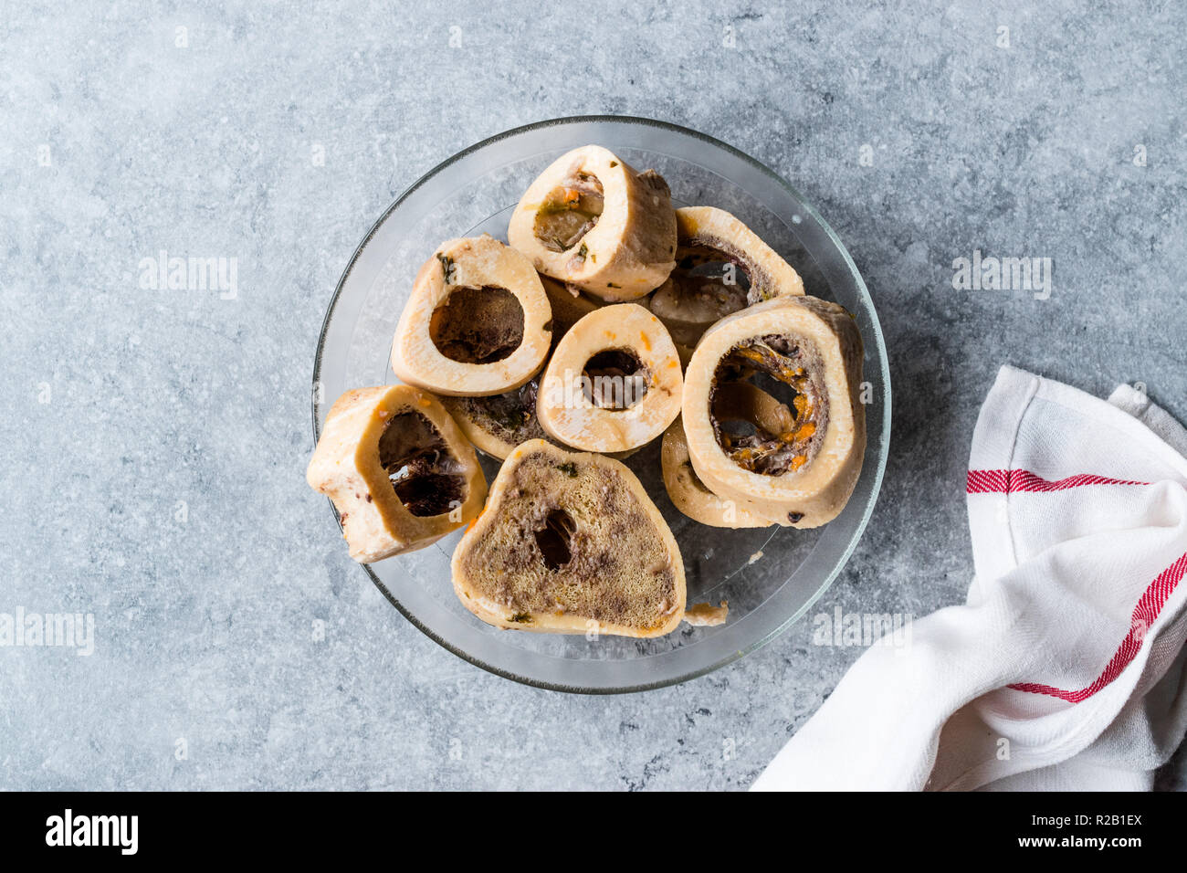 Raw Round Veal Bones for Broth Bouillon in Glass Bowl. Organic Product