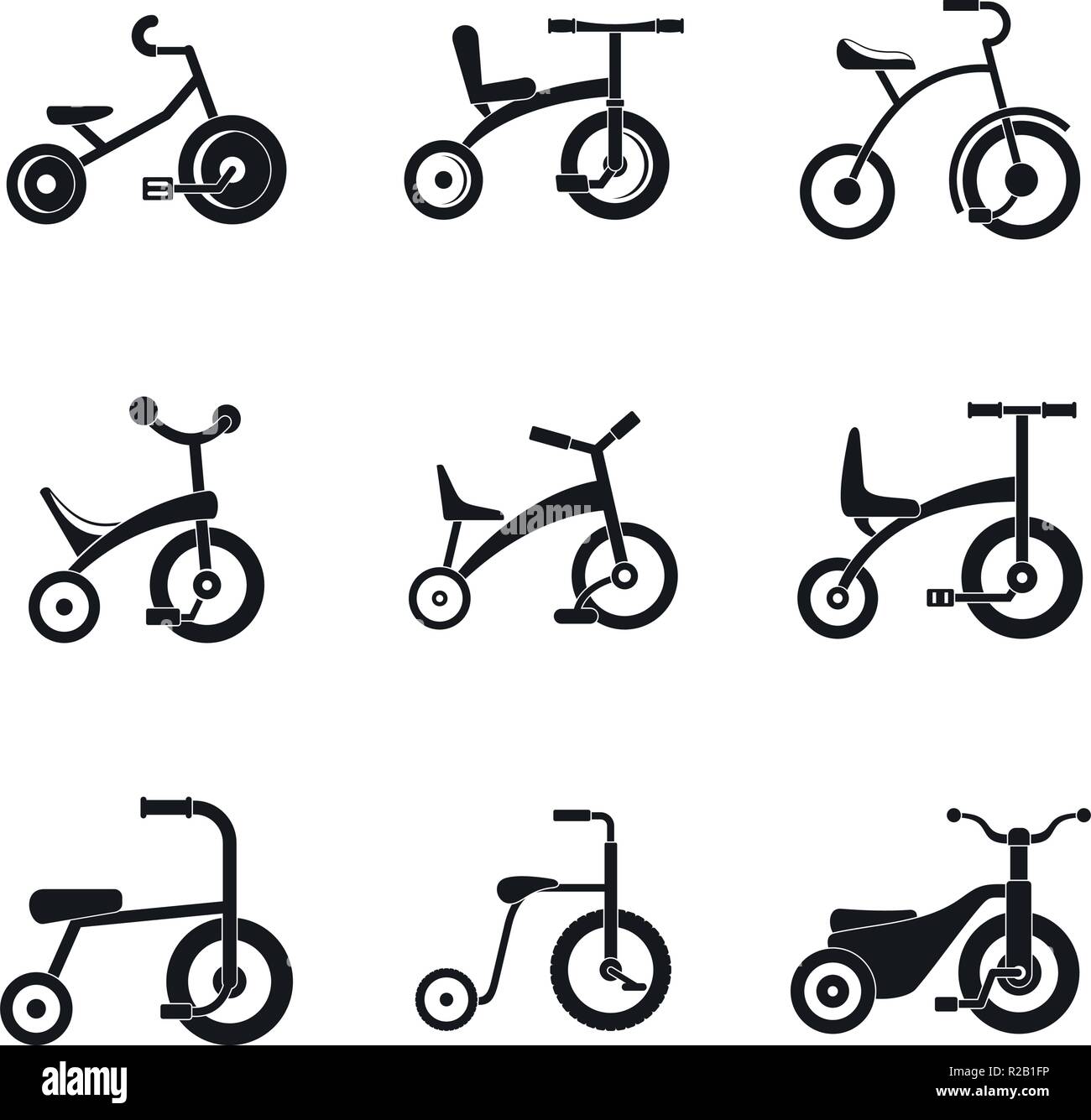 Tricycle bicycle bike wheel icons set. Simple illustration of 9