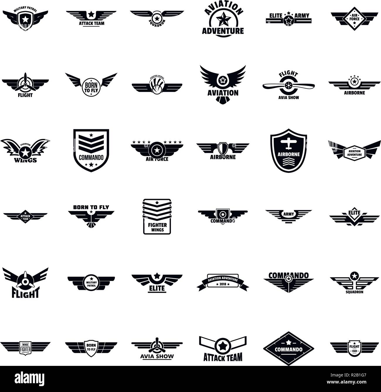 Airforce military army badge logo icons set. Simple illustration of 36 airforce military army badge logo vector icons for web Stock Vector