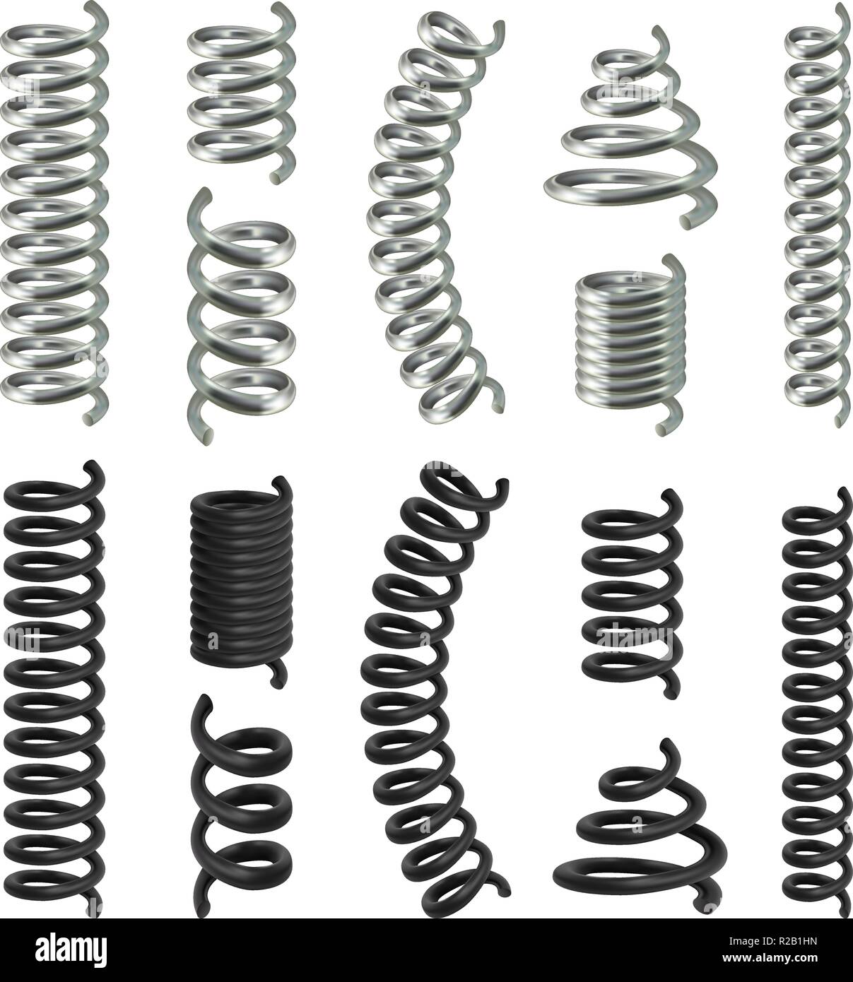 Coil spring flexible cable mockup set. Realistic illustration of 14