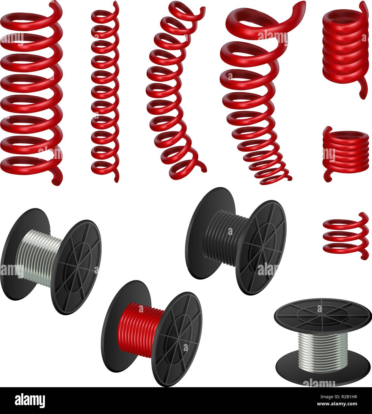 Coil spring flexible cable mockup set. Realistic illustration of 11