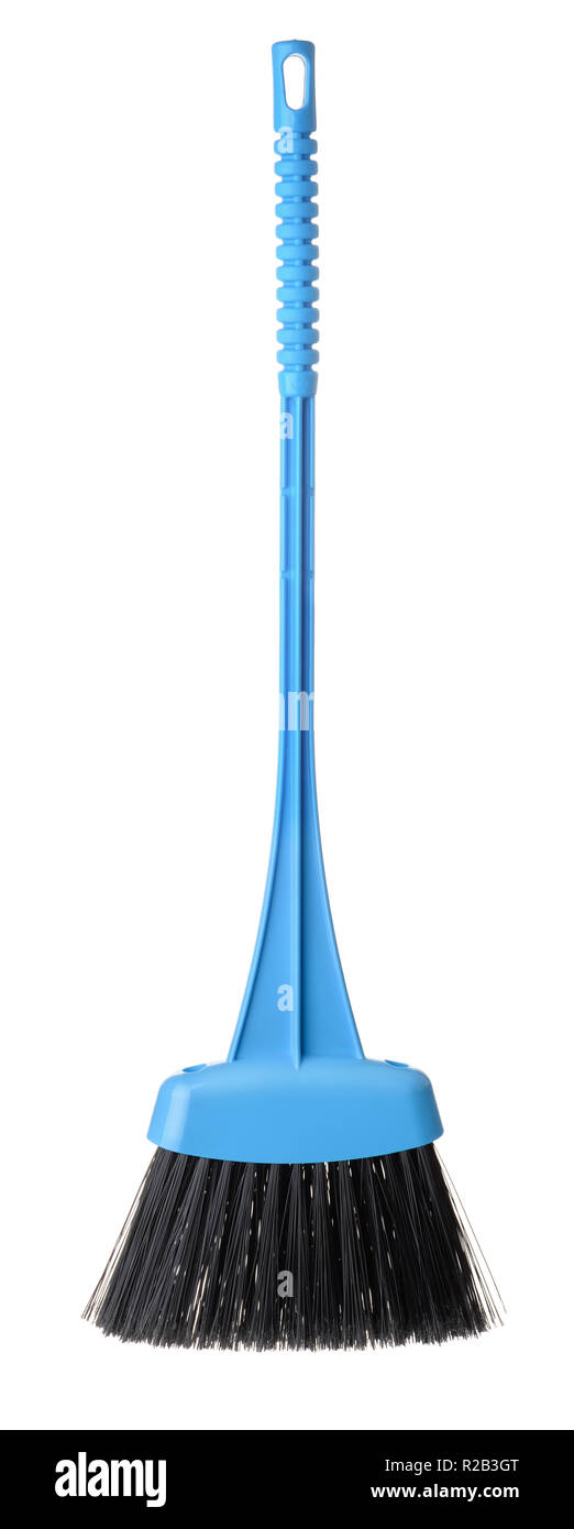 Front view of blue plastic broom isolated on white Stock Photo