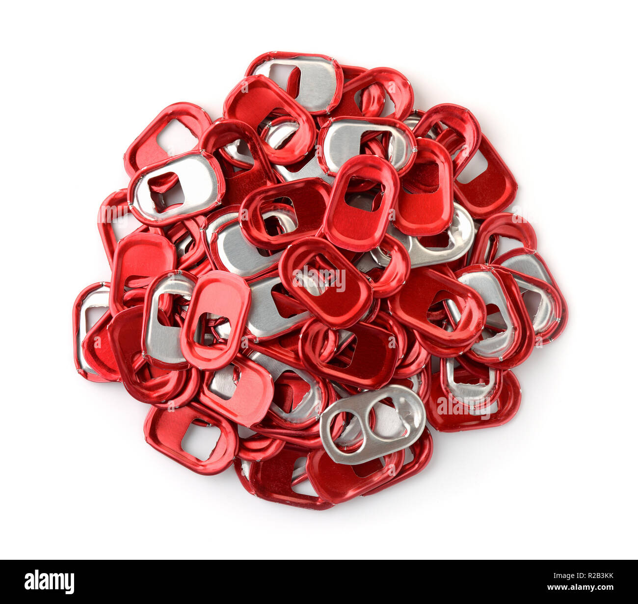 Top view of red can pull tabs isolated on white Stock Photo