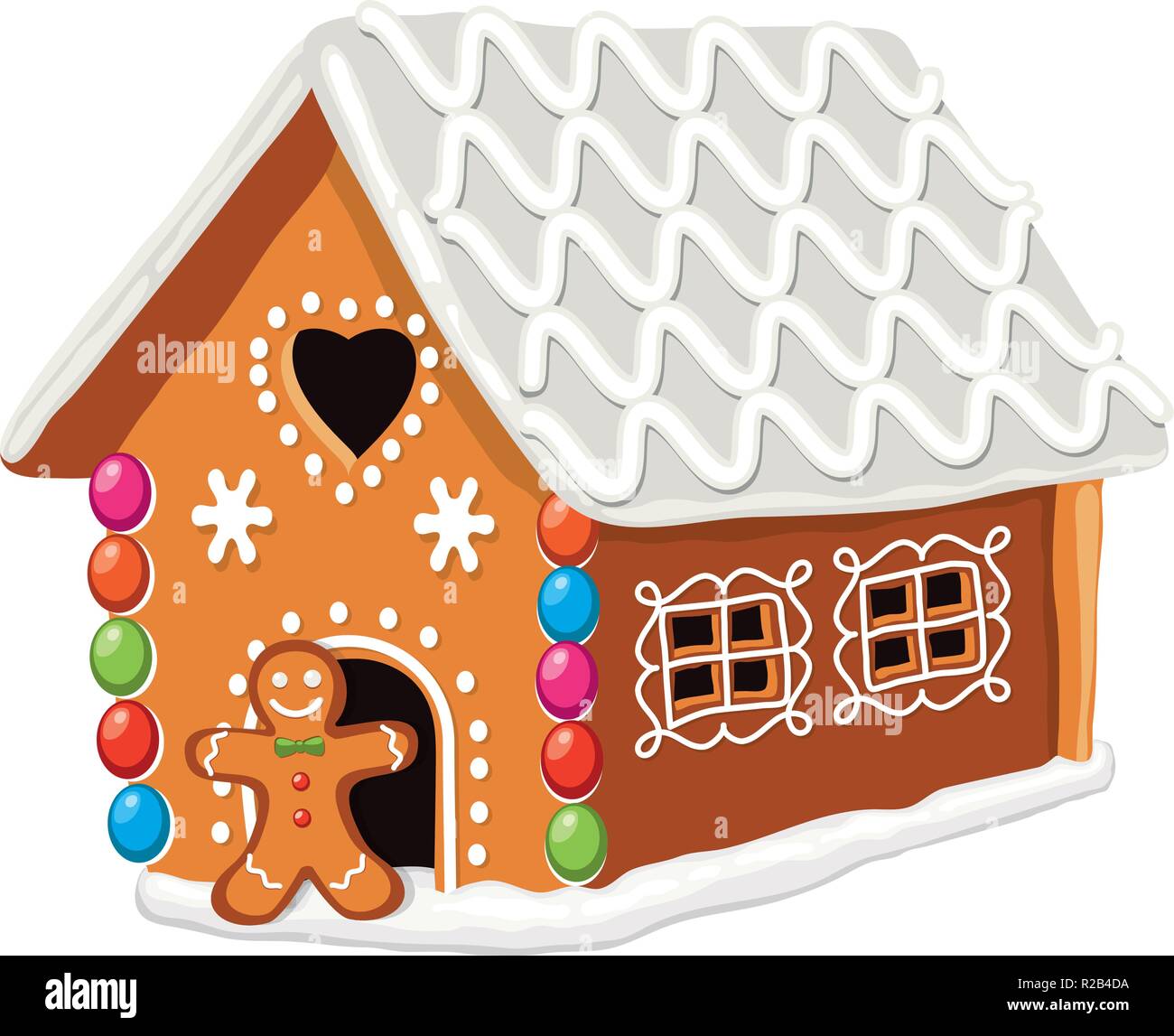 vector xmas colorful gingerbread house with sugar icing decoration and gingerbread cookie man. christmas holiday food background. sweet ginger bread d Stock Vector