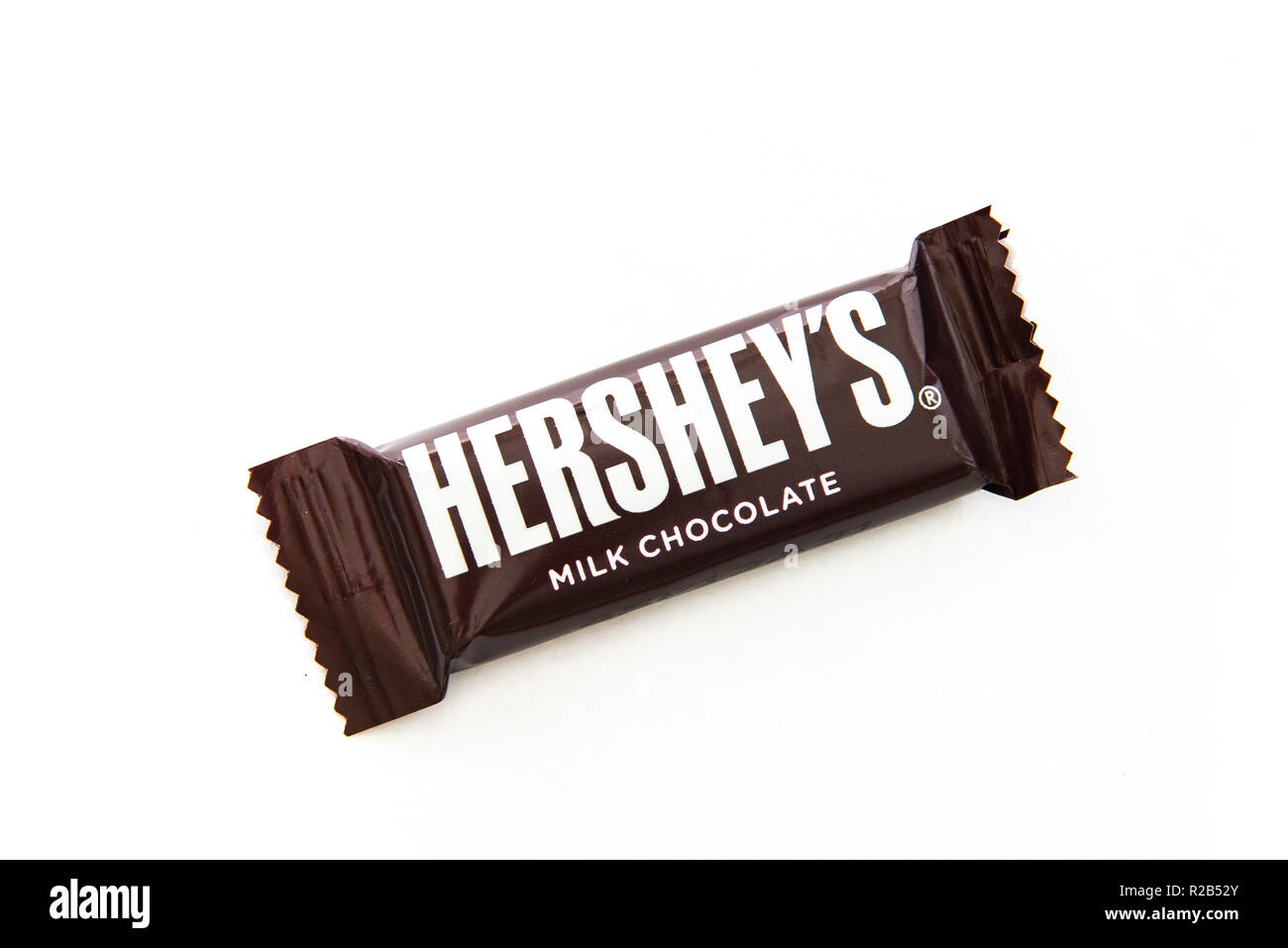 A snack size Hershey's milk chocolate bar isolated. Stock Photo