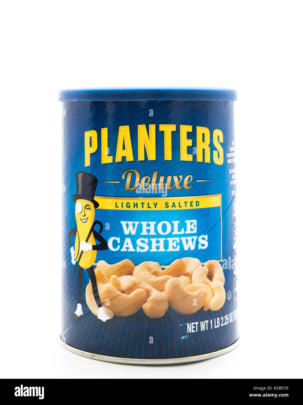 A can of Planters Deluxe lightly salted and roasted whole cashews Stock Photo