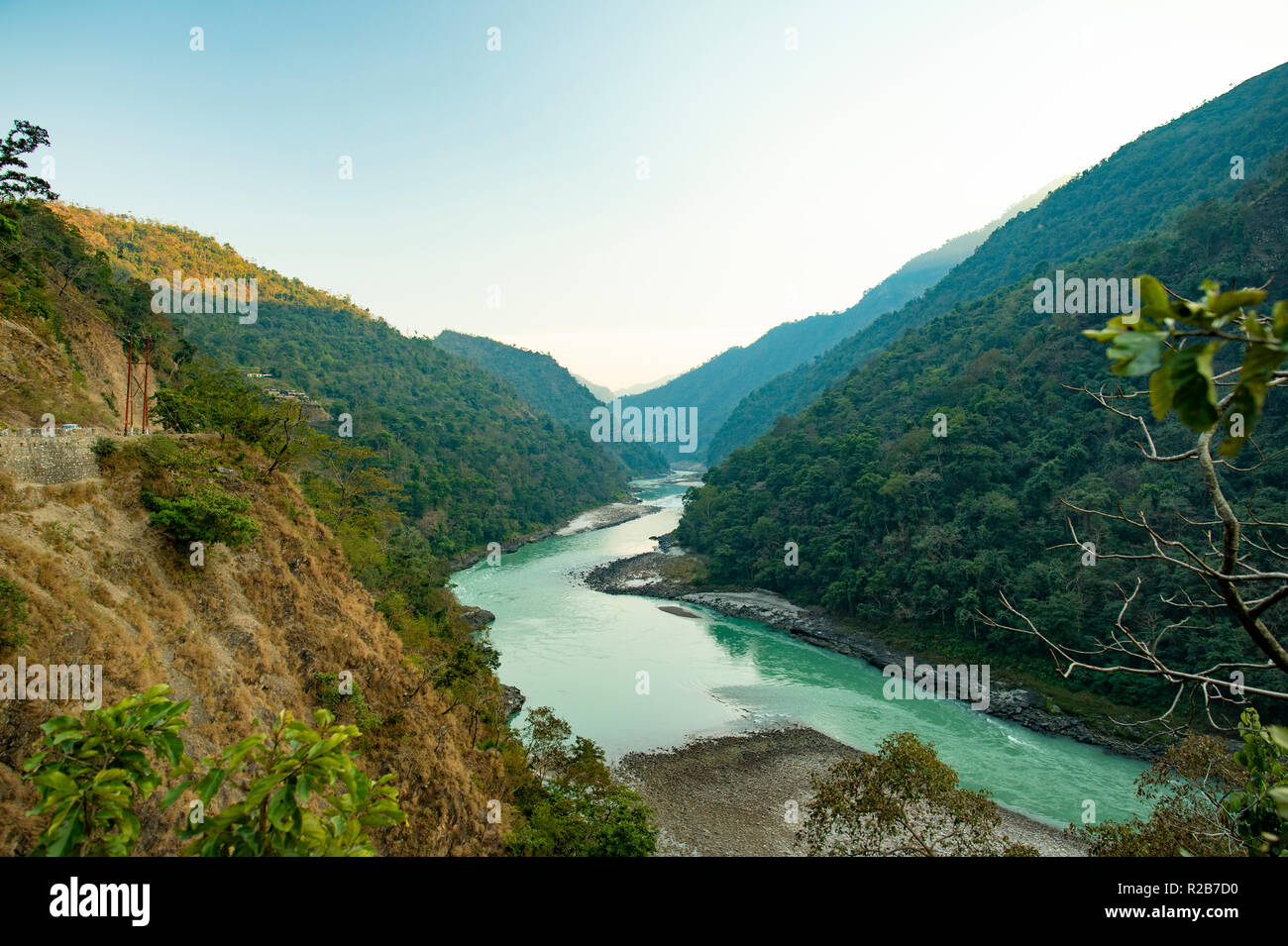 Spectacular view of the sacred Ganges river flowing through the green ...